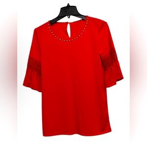 KARL LAGERFELD EYELET LACE CROCHET BLOUSE WOMEN 3/4 FLARE SLEEVE RED COLOR SZ S